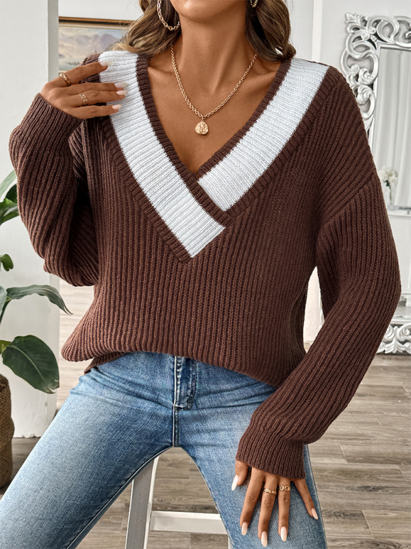 Sweaters- Oversized Wide V-Neck Sweater - Autumn Jumper Layering- Coffee- Pekosa Women Fashion