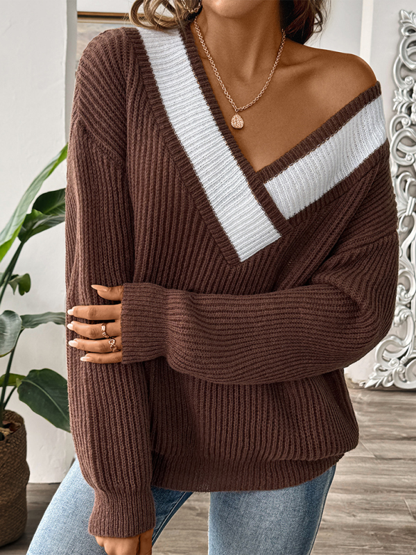 Sweaters- Oversized Wide V-Neck Sweater - Autumn Jumper Layering- - Pekosa Women Fashion