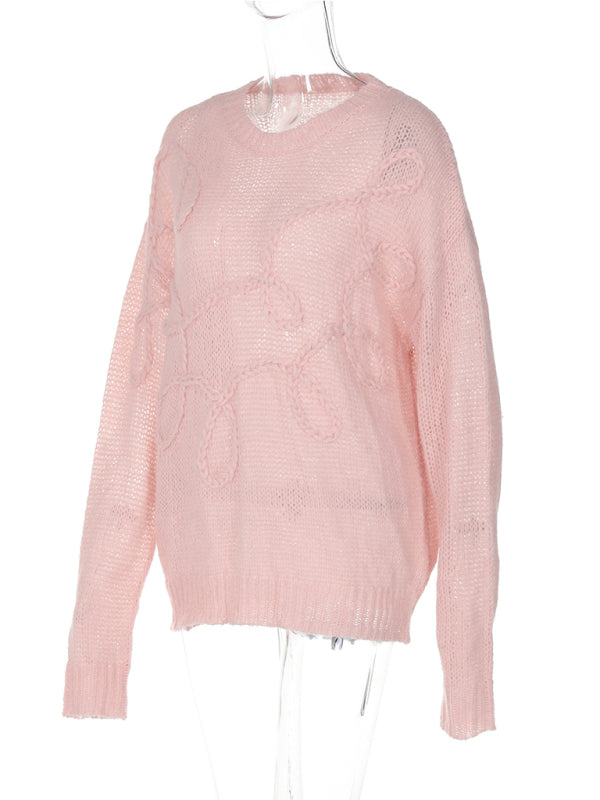 Sweaters - Lightweight Pastel Pink Cable-Knit Sweater for Women