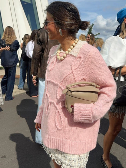 Sweaters - Lightweight Pastel Pink Cable-Knit Sweater for Women