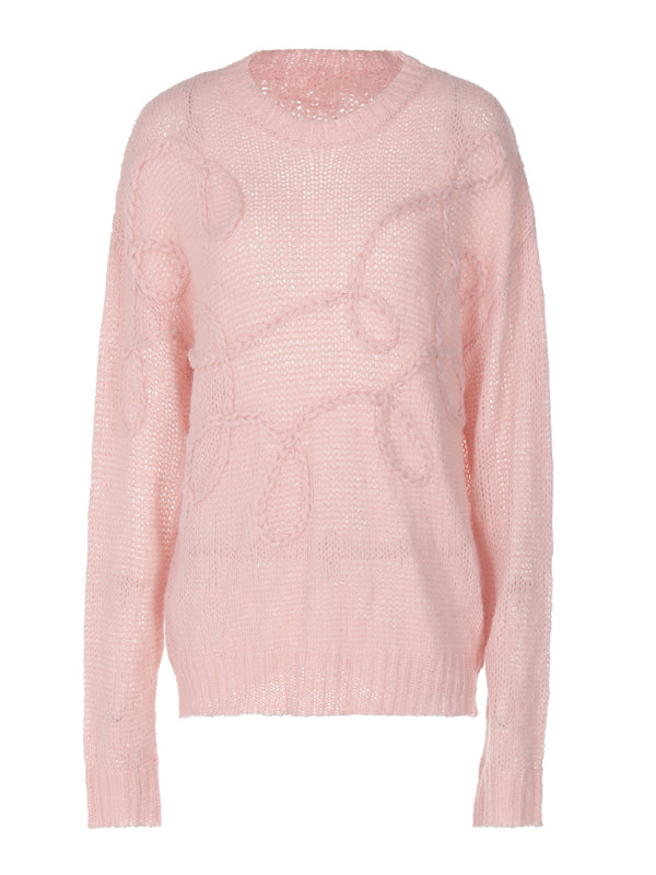 Sweaters - Lightweight Pastel Pink Cable-Knit Sweater for Women