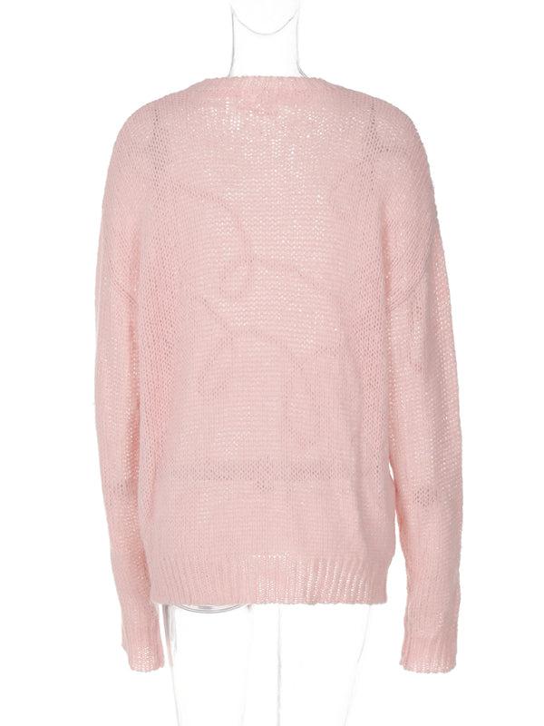 Sweaters - Lightweight Pastel Pink Cable-Knit Sweater for Women