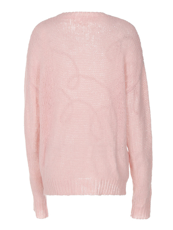 Sweaters - Lightweight Pastel Pink Cable-Knit Sweater for Women