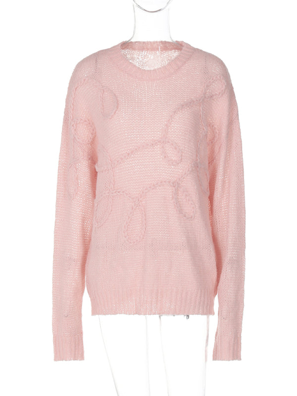 Sweaters - Lightweight Pastel Pink Cable-Knit Sweater for Women