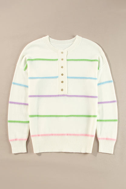 Sweaters - Pastel Striped Henley Sweater Drop Shoulder Knit Jumper