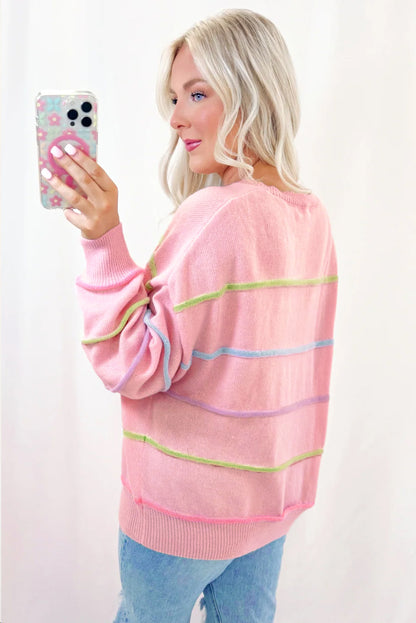 Sweaters - Pastel Striped Henley Sweater Drop Shoulder Knit Jumper