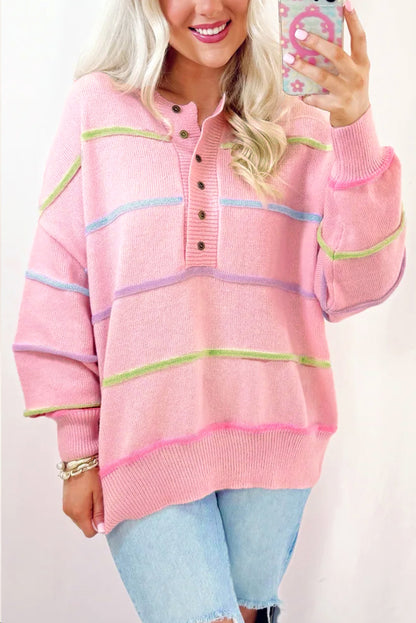 Sweaters - Pastel Striped Henley Sweater Drop Shoulder Knit Jumper