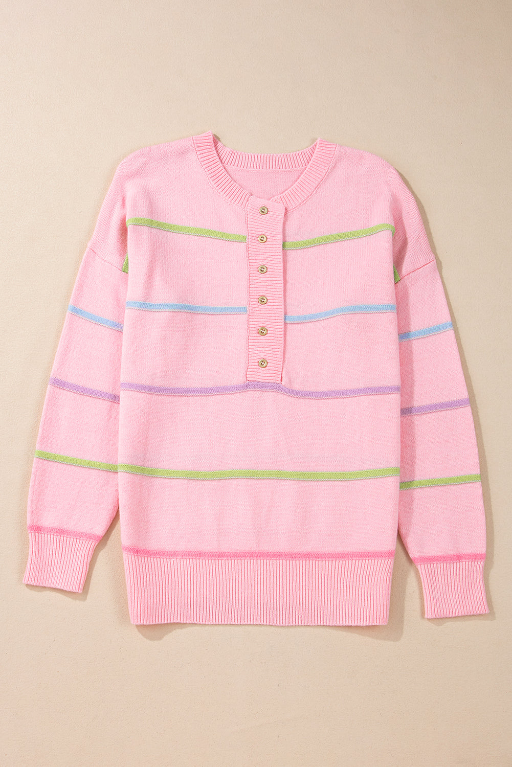 Sweaters - Pastel Striped Henley Sweater Drop Shoulder Knit Jumper