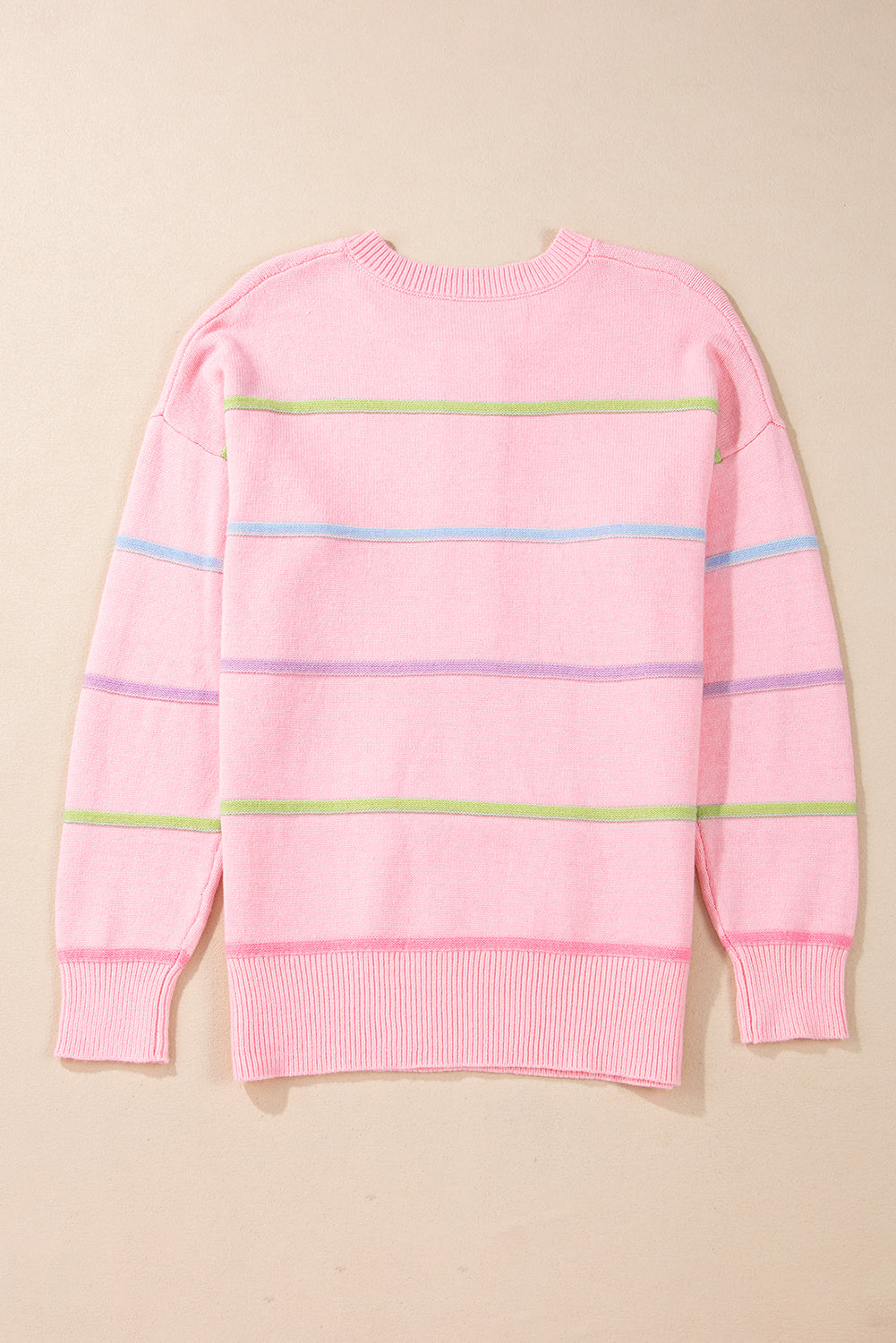 Sweaters - Pastel Striped Henley Sweater Drop Shoulder Knit Jumper