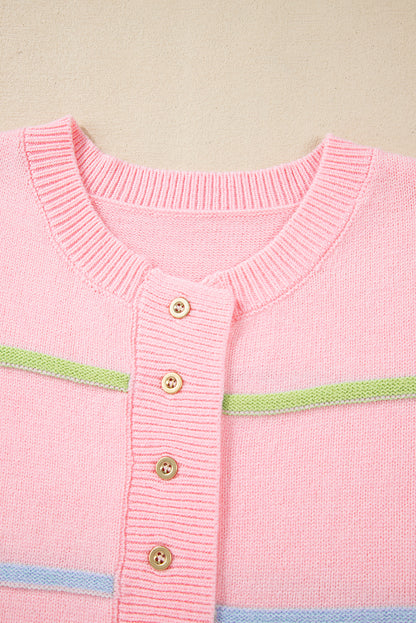 Sweaters - Pastel Striped Henley Sweater Drop Shoulder Knit Jumper