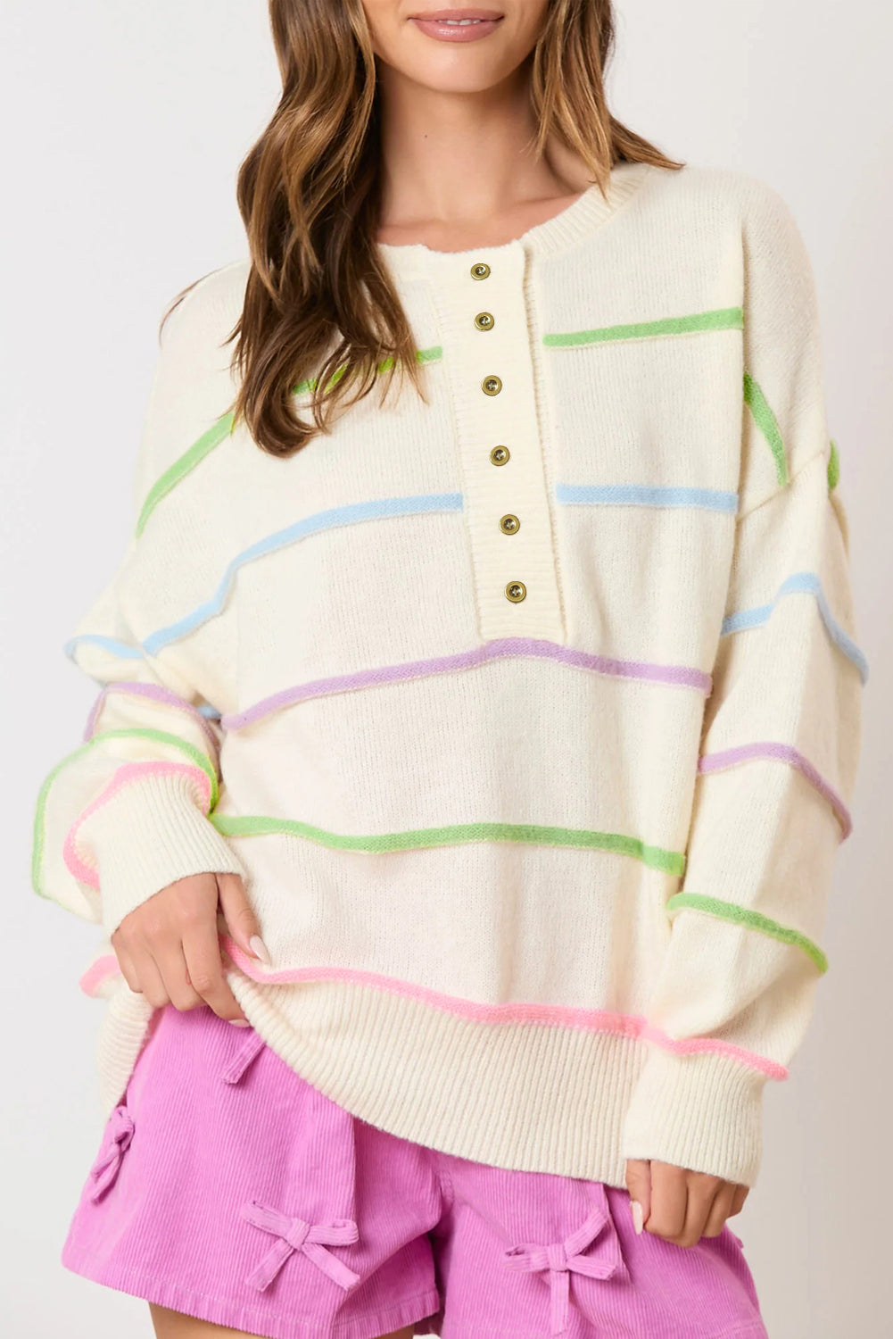 Sweaters - Pastel Striped Henley Sweater Drop Shoulder Knit Jumper