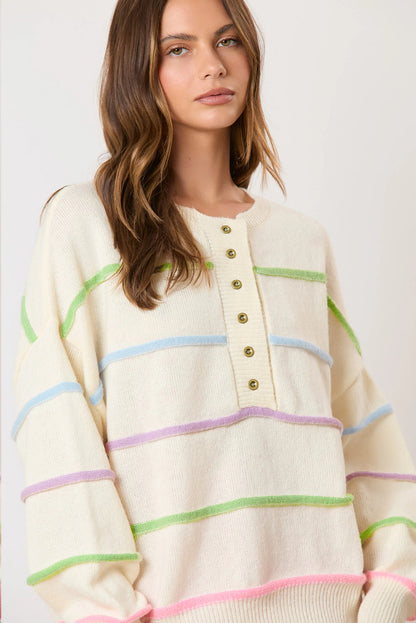 Sweaters - Pastel Striped Henley Sweater Drop Shoulder Knit Jumper