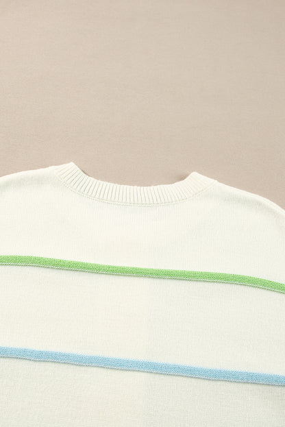 Sweaters - Pastel Striped Henley Sweater Drop Shoulder Knit Jumper