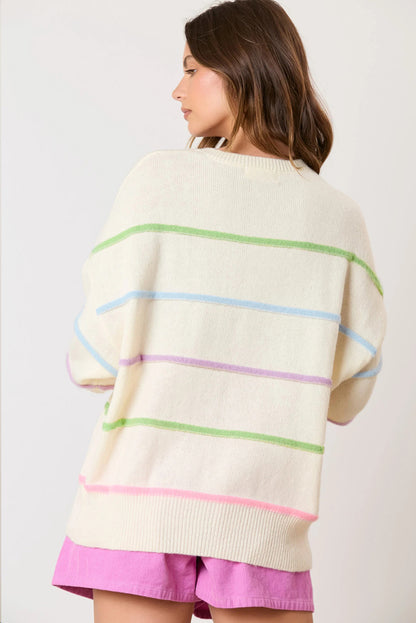 Sweaters - Pastel Striped Henley Sweater Drop Shoulder Knit Jumper