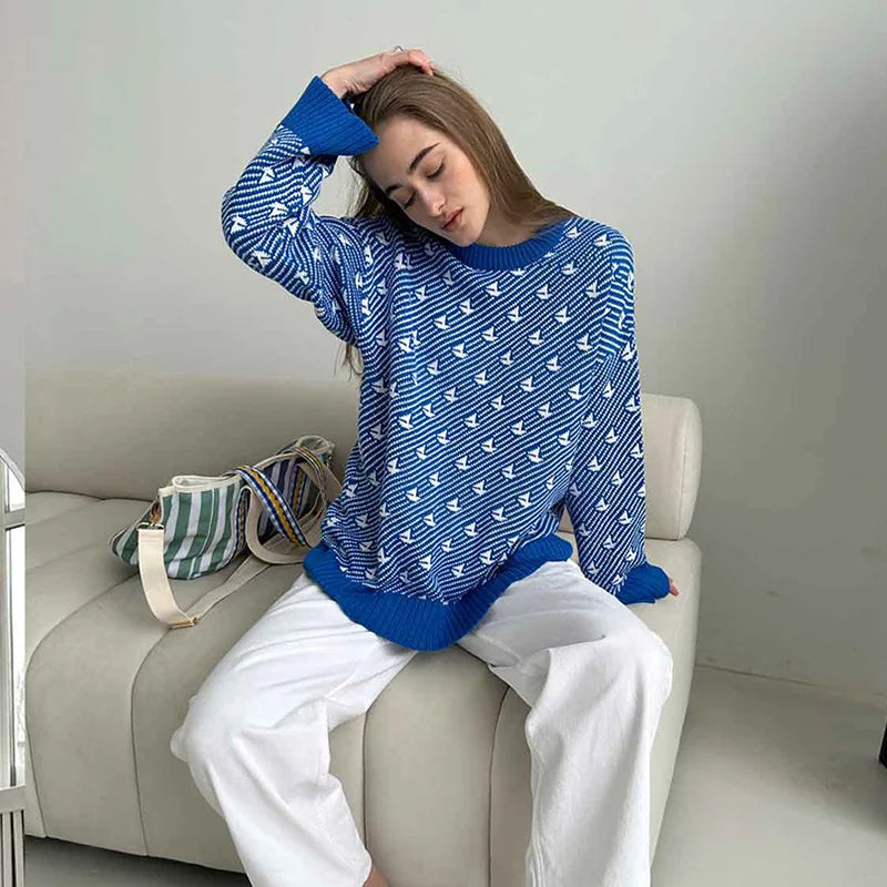 Sweaters- Pink Arrow Patterned Jumper Sweater for Women- blue- Chuzko Women Clothing