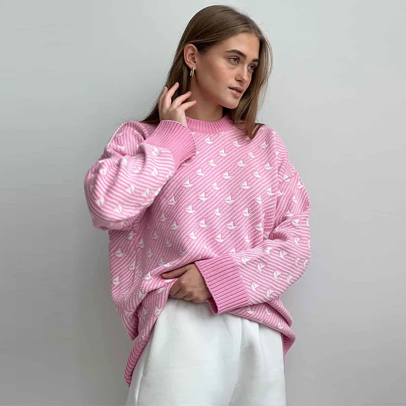 Sweaters- Pink Arrow Patterned Jumper Sweater for Women- Pink- Chuzko Women Clothing