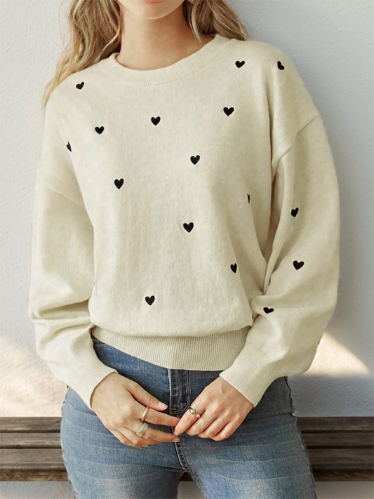 Sweaters- Relax Drop-Shoulder Love Print Sweater for Women- Cracker khaki- Chuzko Women Clothing