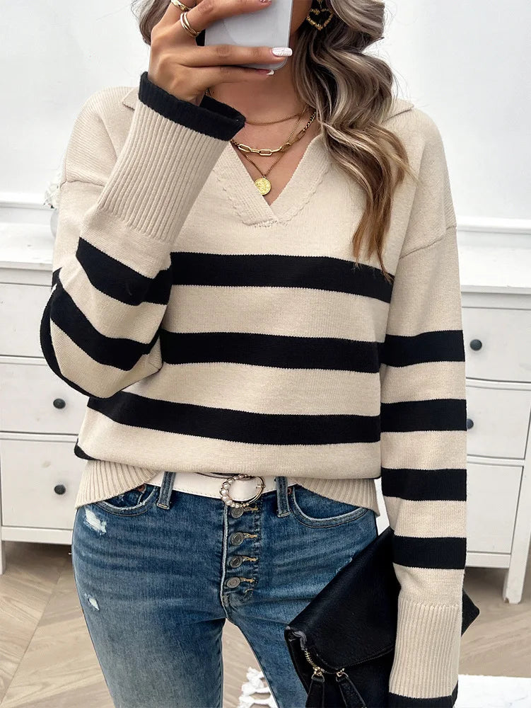 Sweaters- Relaxed Fit Stripe Knit Collared Sweater for Women- - Pekosa Women Fashion