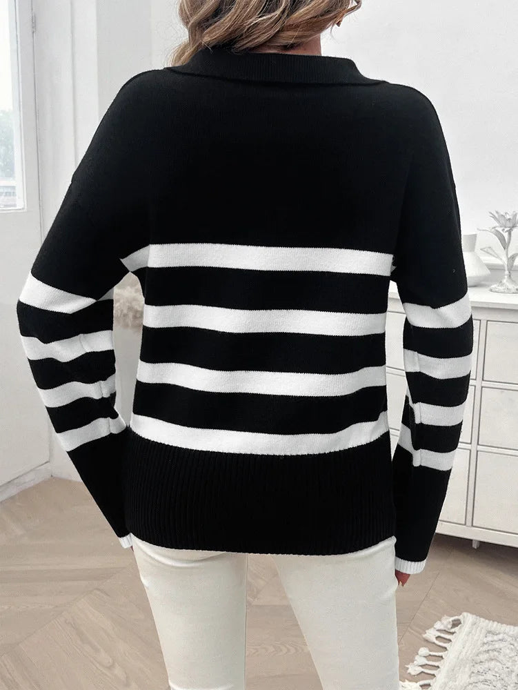 Sweaters- Relaxed Fit Stripe Knit Collared Sweater for Women- - Pekosa Women Fashion