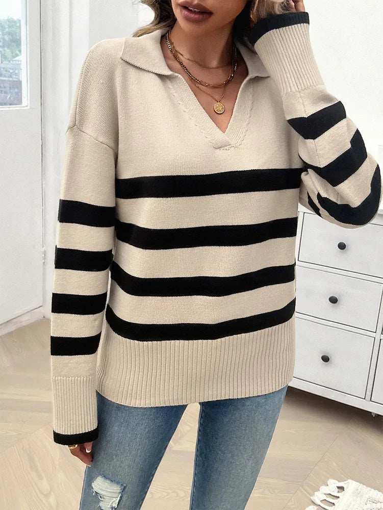 Sweaters- Relaxed Fit Stripe Knit Collared Sweater for Women- - Pekosa Women Fashion