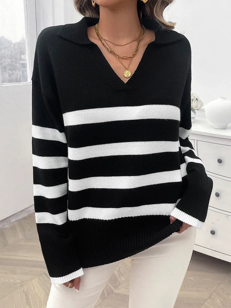 Sweaters- Relaxed Fit Stripe Knit Collared Sweater for Women- - Pekosa Women Fashion