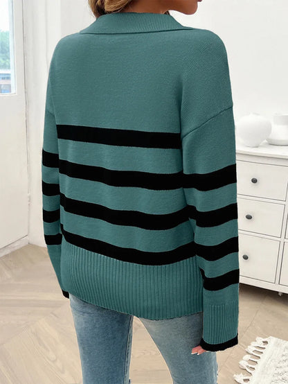 Sweaters- Relaxed Fit Stripe Knit Collared Sweater for Women- - Pekosa Women Fashion