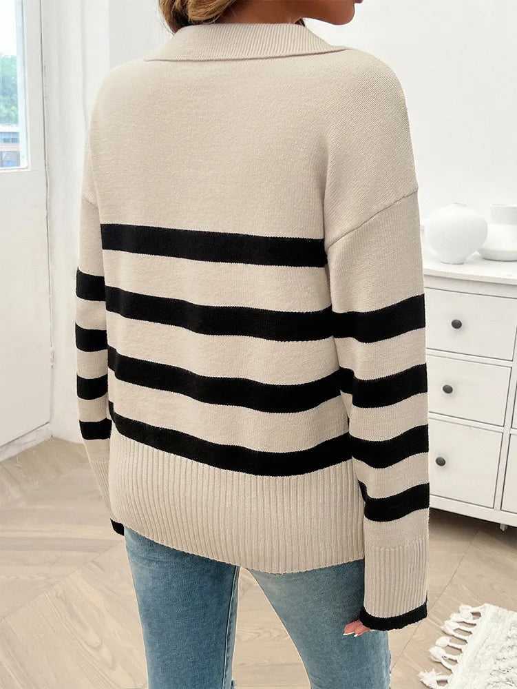 Sweaters- Relaxed Fit Stripe Knit Collared Sweater for Women- - Pekosa Women Fashion