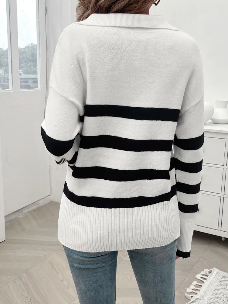 Sweaters- Relaxed Fit Stripe Knit Collared Sweater for Women- - Pekosa Women Fashion