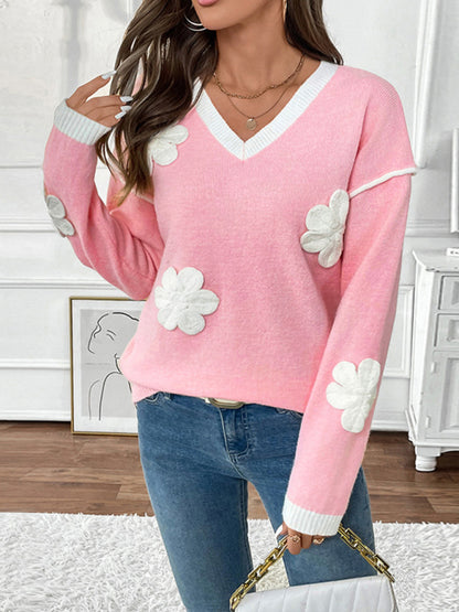 Sweaters - Romantic Applique Knit Sweater Floral V-Neck Jumper