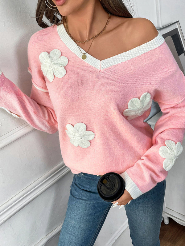 Sweaters - Romantic Applique Knit Sweater Floral V-Neck Jumper