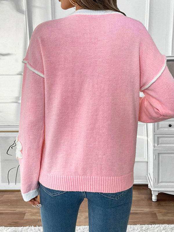 Sweaters - Romantic Applique Knit Sweater Floral V-Neck Jumper