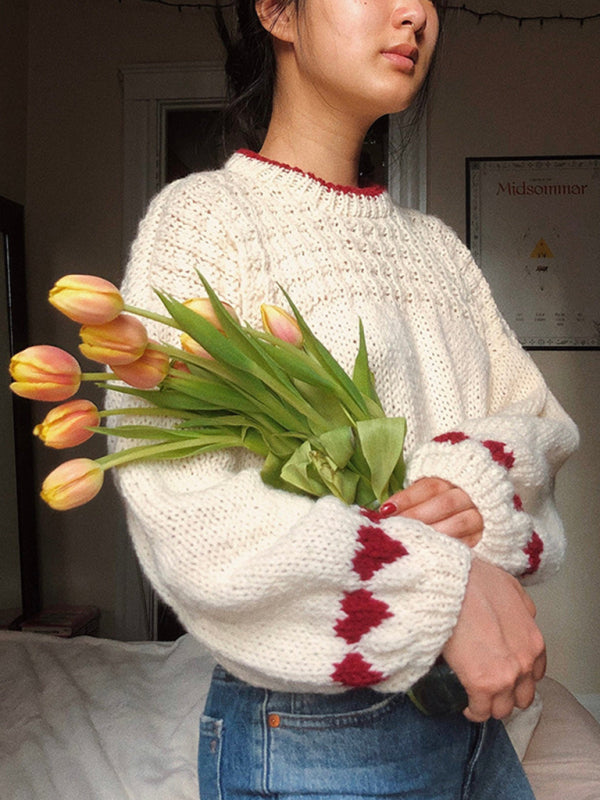 Sweaters - Romantic Heart-Knit Lantern Sleeve Sweater Winter Crop Jumper