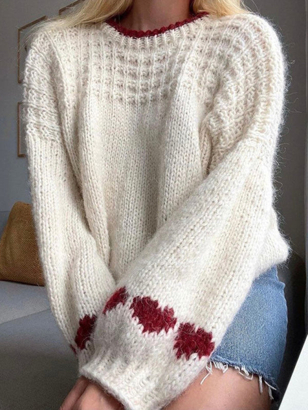 Sweaters - Romantic Heart-Knit Lantern Sleeve Sweater Winter Crop Jumper