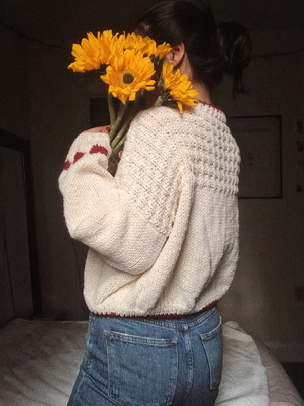 Sweaters - Romantic Heart-Knit Lantern Sleeve Sweater Winter Crop Jumper