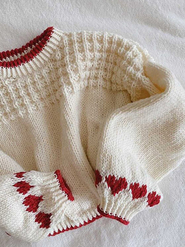 Sweaters - Romantic Heart-Knit Lantern Sleeve Sweater Winter Crop Jumper