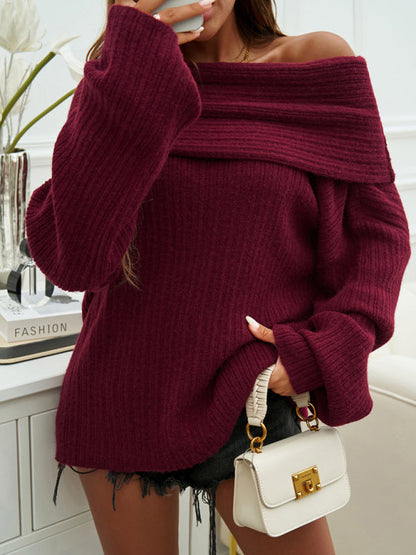 Sweaters- Slouchy Ribbed Sweater - Oversized Off-the-Shoulder Jumper- - Pekosa Women Fashion