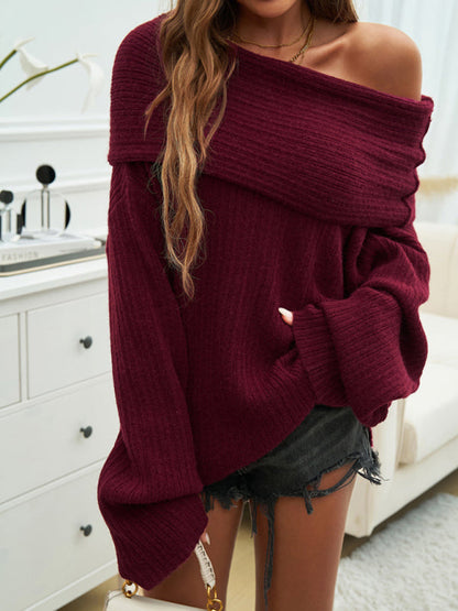 Sweaters- Slouchy Ribbed Sweater - Oversized Off-the-Shoulder Jumper- - Pekosa Women Fashion