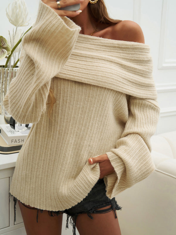 Sweaters- Slouchy Ribbed Sweater - Oversized Off-the-Shoulder Jumper- Cracker khaki- Pekosa Women Fashion