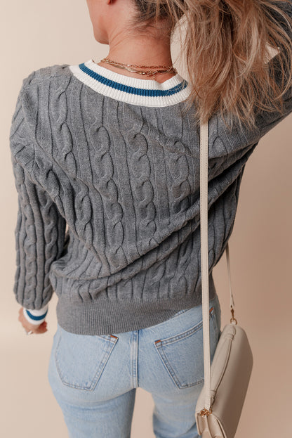 Sweaters - Sporty Striped V-Neck Cable Knit Sweater Classic Jumper