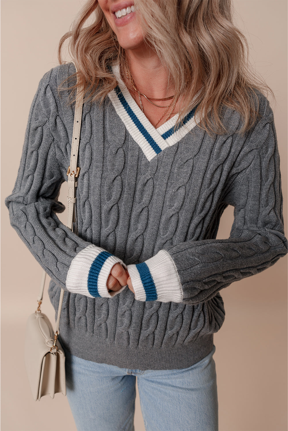 Sweaters - Sporty Striped V-Neck Cable Knit Sweater Classic Jumper