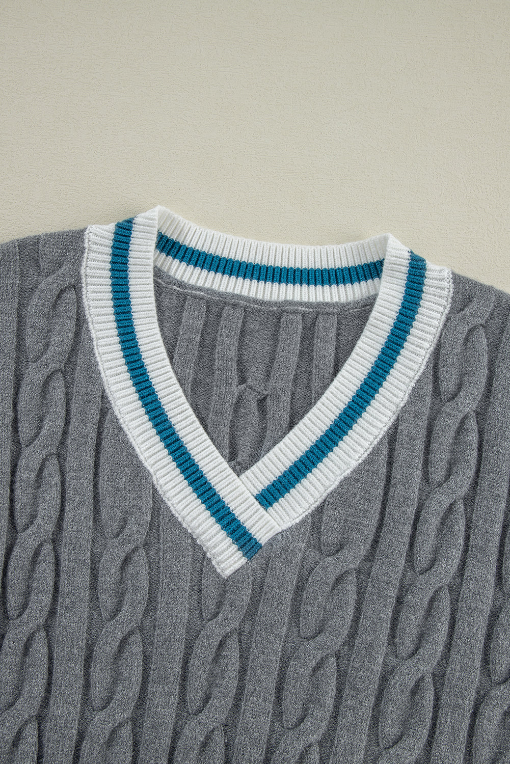 Sweaters - Sporty Striped V-Neck Cable Knit Sweater Classic Jumper