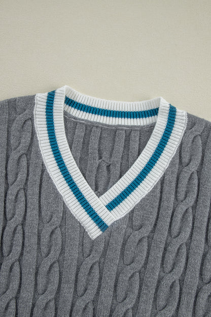 Sweaters - Sporty Striped V-Neck Cable Knit Sweater Classic Jumper