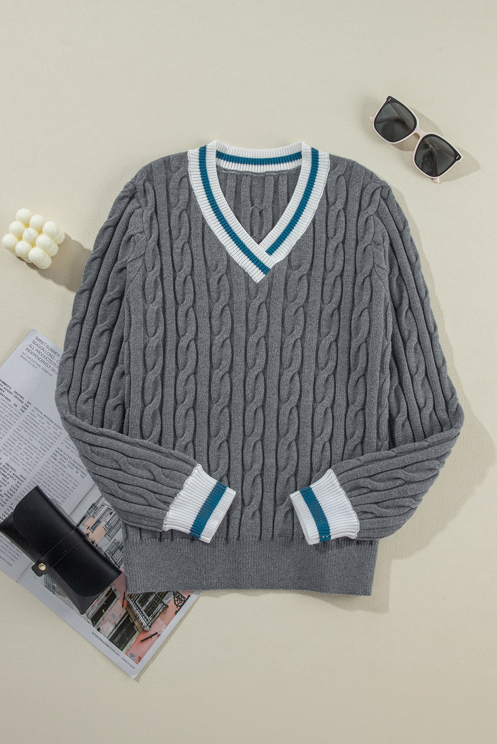 Sweaters - Sporty Striped V-Neck Cable Knit Sweater Classic Jumper