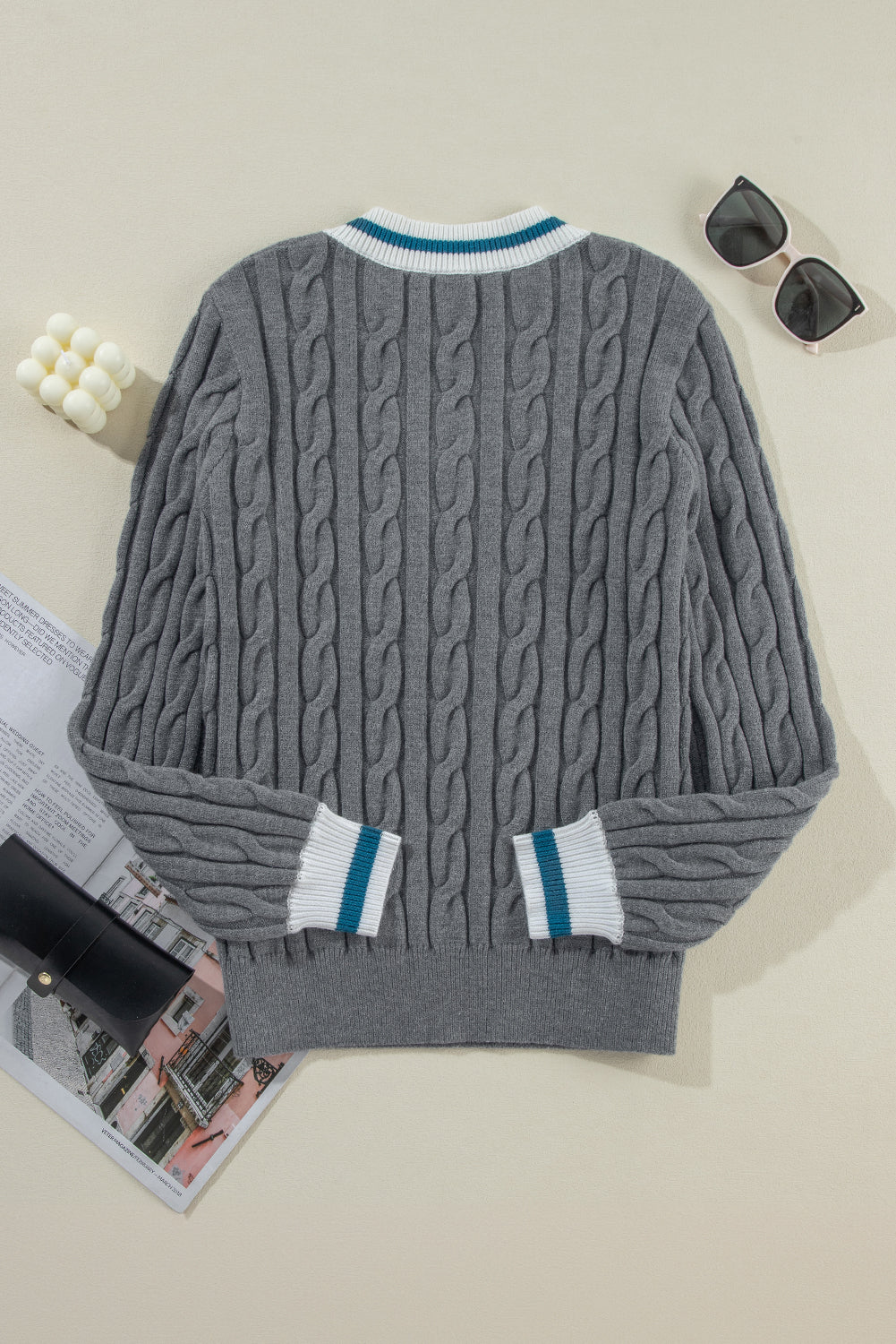 Sweaters - Sporty Striped V-Neck Cable Knit Sweater Classic Jumper