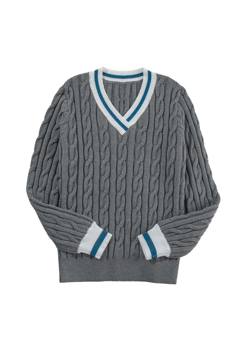 Sweaters - Sporty Striped V-Neck Cable Knit Sweater Classic Jumper