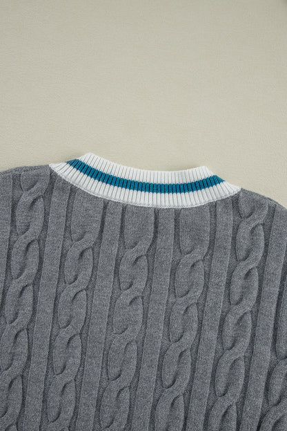 Sweaters - Sporty Striped V-Neck Cable Knit Sweater Classic Jumper