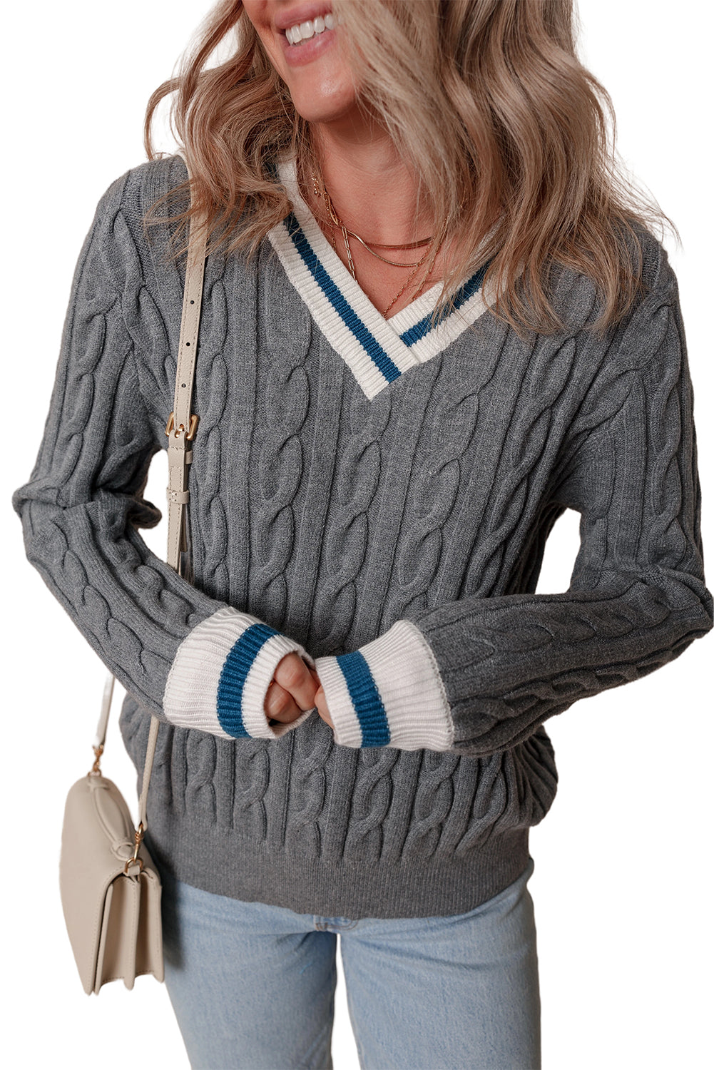 Sweaters - Sporty Striped V-Neck Cable Knit Sweater Classic Jumper