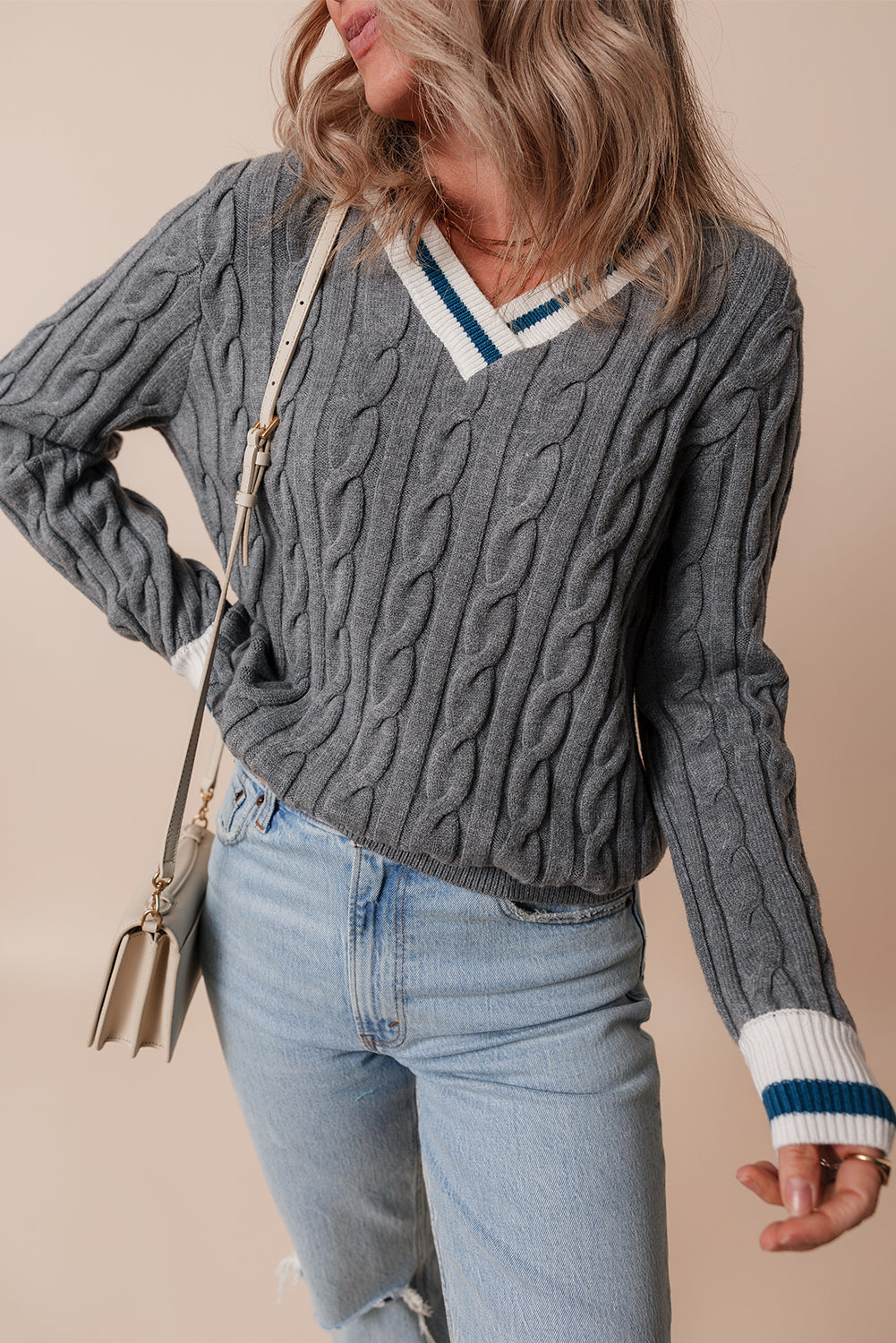 Sweaters - Sporty Striped V-Neck Cable Knit Sweater Classic Jumper