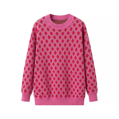 Sweaters - Strawberry Pattern Knit Sweater Playful Pullover