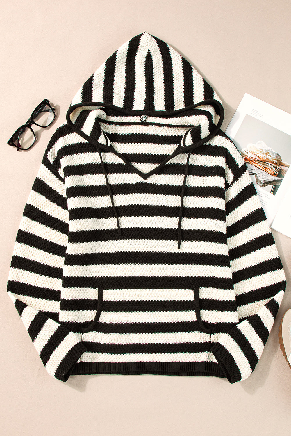 Sweaters - Stripe Hooded Knit Sweater Pocketed Jumper